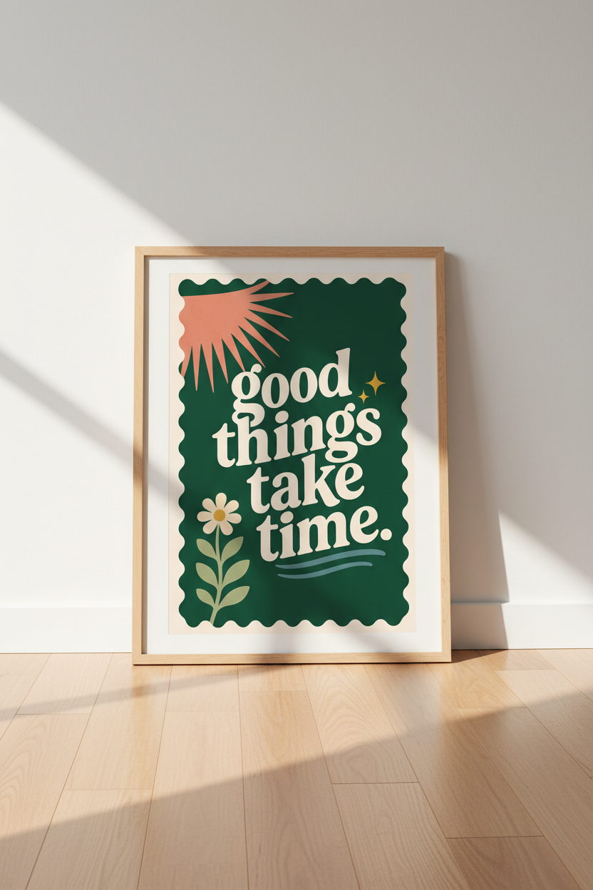 Good Things Take Time Wall Art | Retro Green Boho Poster, Home Office Decor