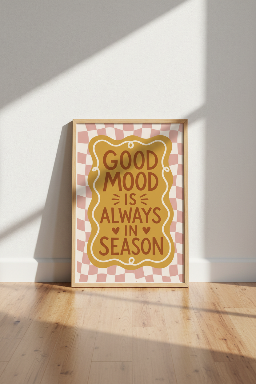 Retro Quote Poster | Good Mood Typography, Pink Checkered Aesthetic Wall Art