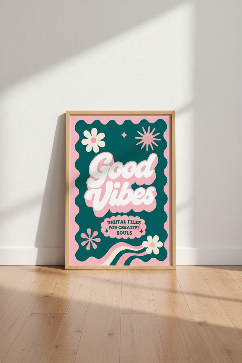 Good Vibes Retro Quote Wall Art | Pink & Teal Dopamine Decor, Bedroom Poster