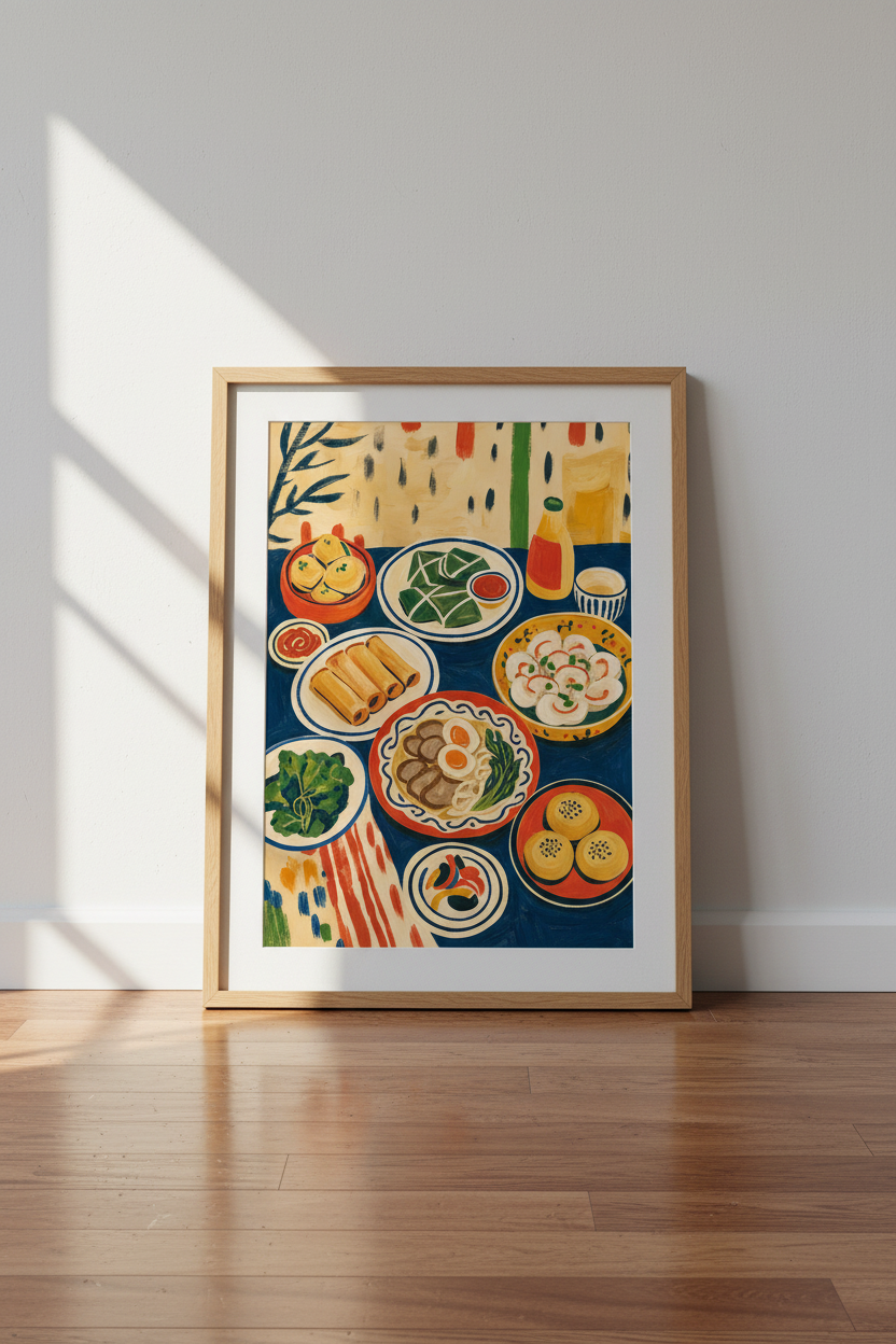 Japanese Ramen & Dim Sum Feast Art | Kitchen Dining Room Decor | Colorful Foodie Poster
