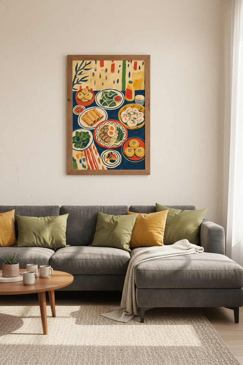 Japanese Ramen & Dim Sum Feast Art | Kitchen Dining Room Decor | Colorful Foodie Poster