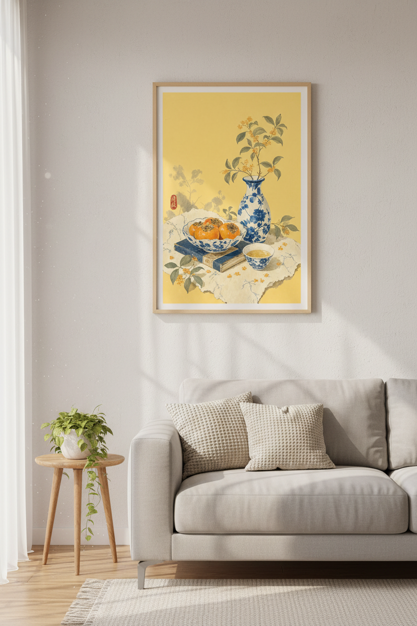 Persimmon Still Life | Japanese Watercolor Print, Blue & White Porcelain Art