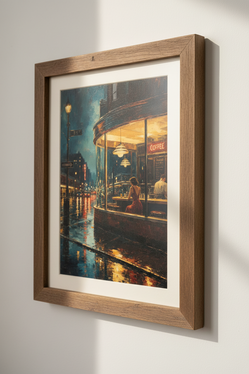 Night City Cafe Art Print | Moody Urban Coffee Shop Poster | Realistic Rain Decor