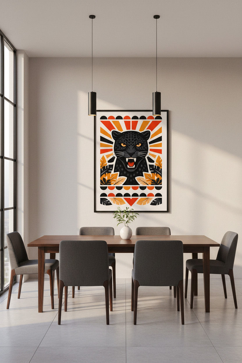 Fierce Black Panther Wall Art Print | Bold Geometric Jungle Decor | Roaring Wildlife Poster | Modern Animal Home Decor