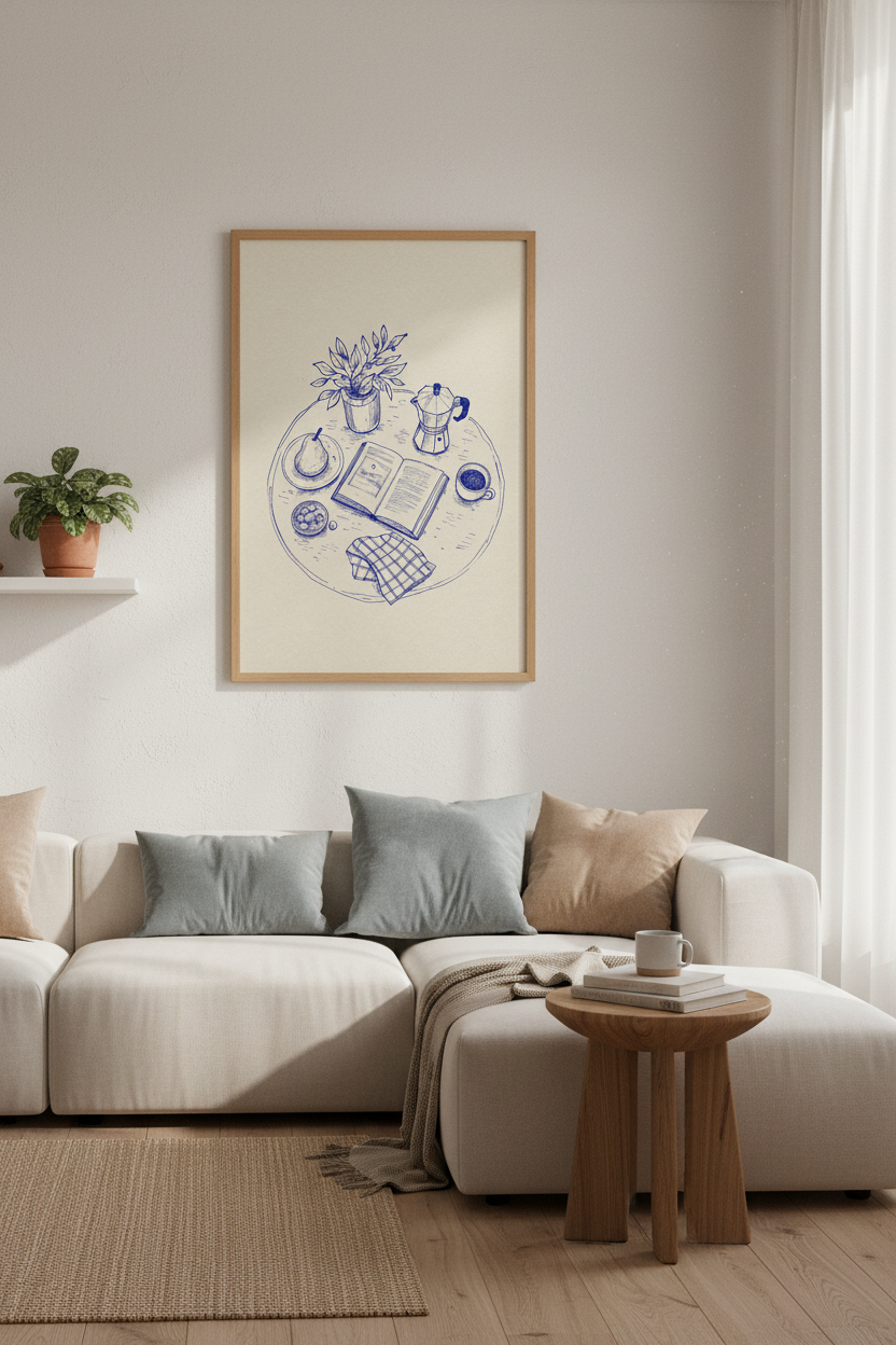 Still Life Coffee & Book Sketch | Blue Ink Minimalist Print, Kitchen & Cafe Decor