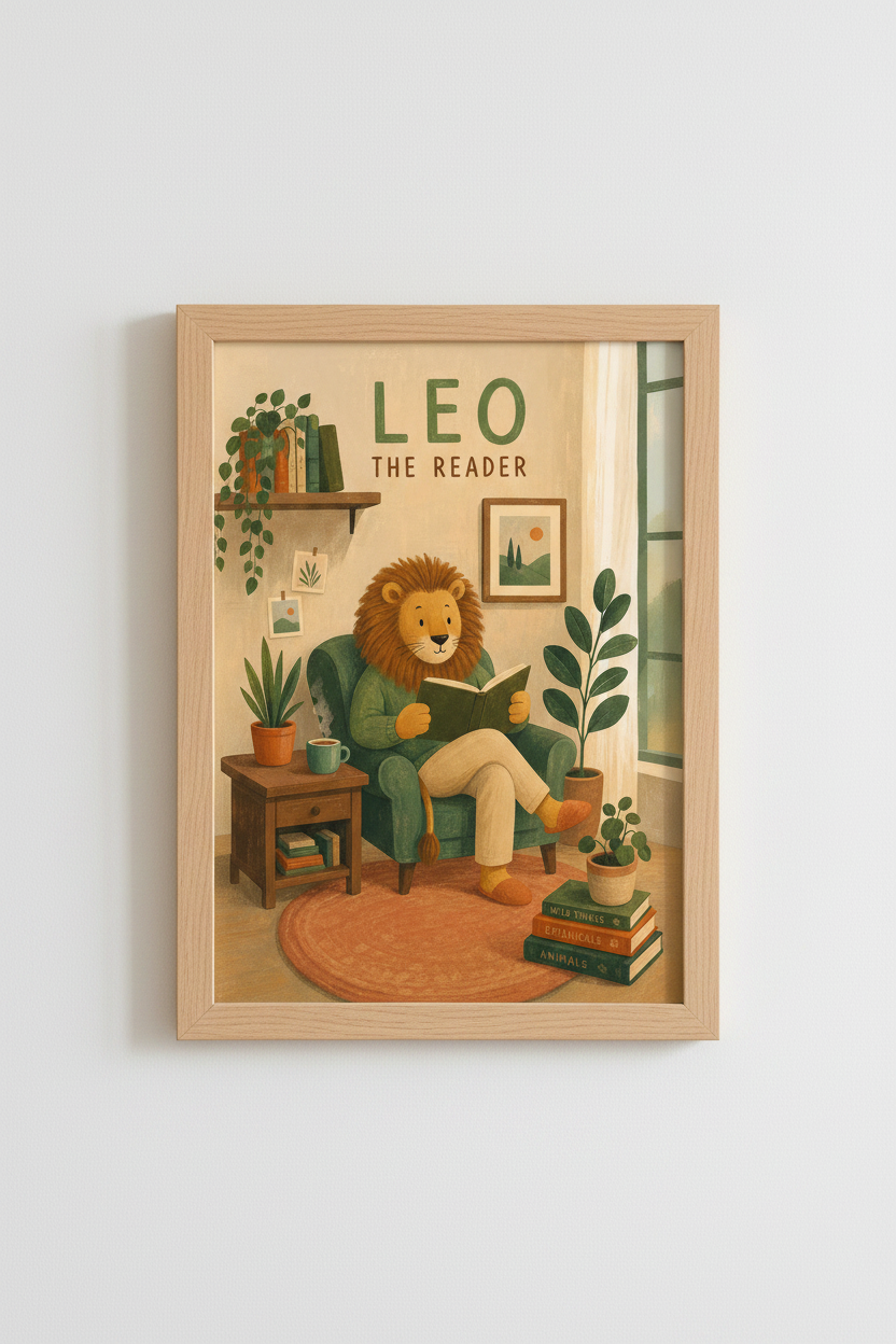 Lion Nursery Wall Art | Whimsical Animal Reading Poster, Sage Green Library Decor