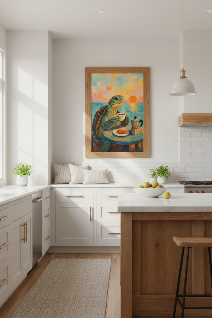 Sea Turtle Art Print | Whimsical Animal Coffee Poster, Coastal Kitchen Wall Decor