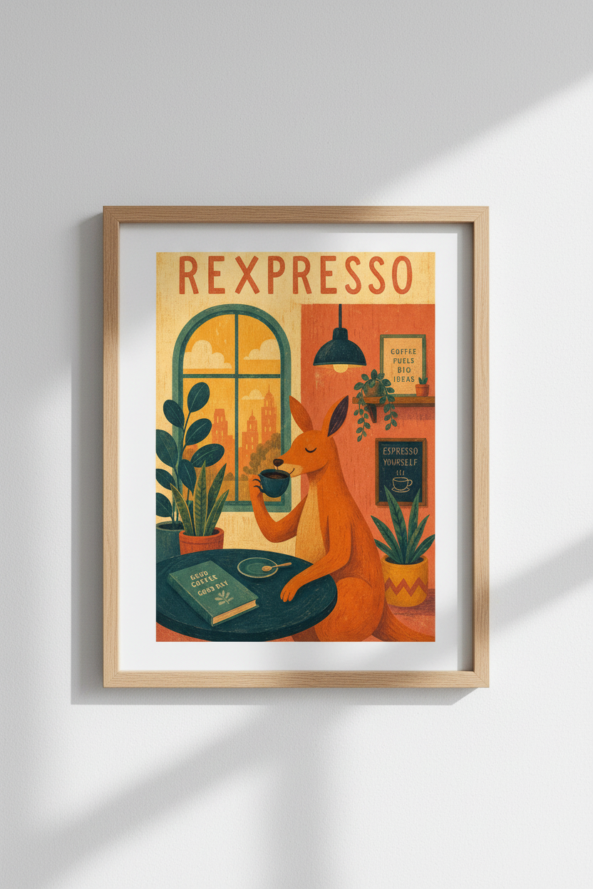 Kangaroo Coffee Wall Art | Whimsical Animal Cafe Poster, Vibrant Kitchen Decor