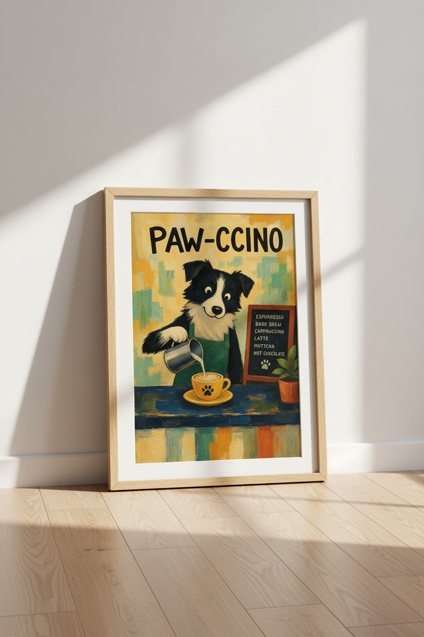 Funny Coffee Wall Art | Border Collie Dog Barista Poster, Cute Kitchen Decor