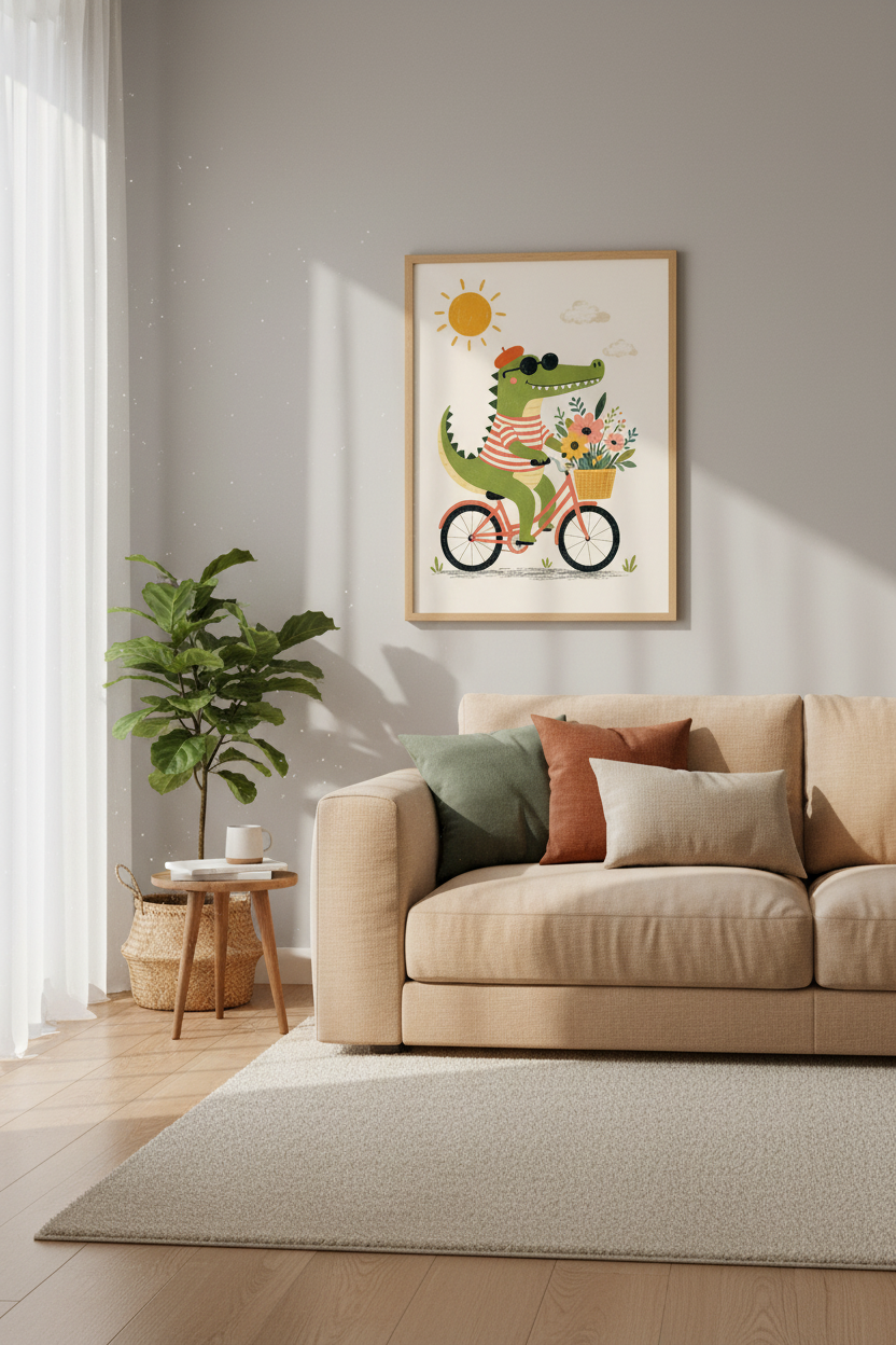 Cute Crocodile on Bicycle Wall Art Print | Nursery Decor | Whimsical Poster