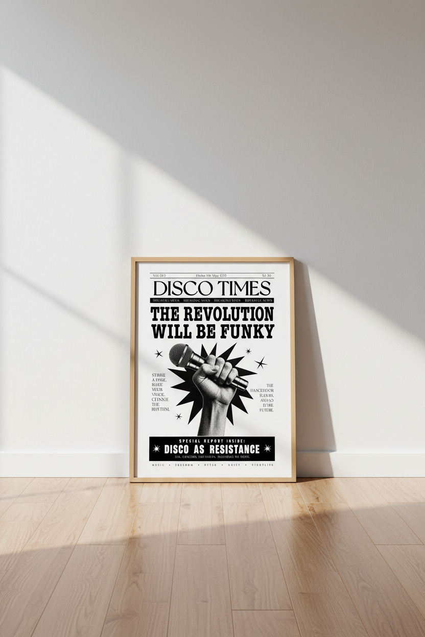 Retro Disco Times Newspaper Print | Black & White Music Wall Art, Funky Room Decor