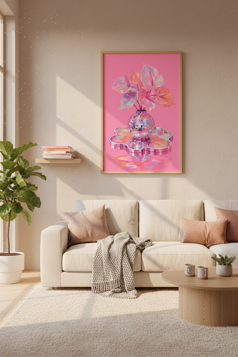 Pink Disco Ball Wall Art Print | Retro Floral Poster, Preppy Room Decor