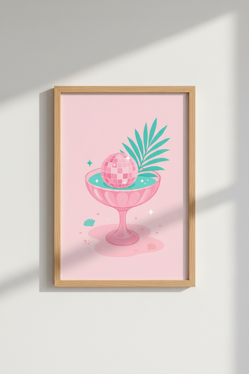 Pink Disco Ball Wall Art Print | Preppy Cocktail Poster | Retro Coastal Decor