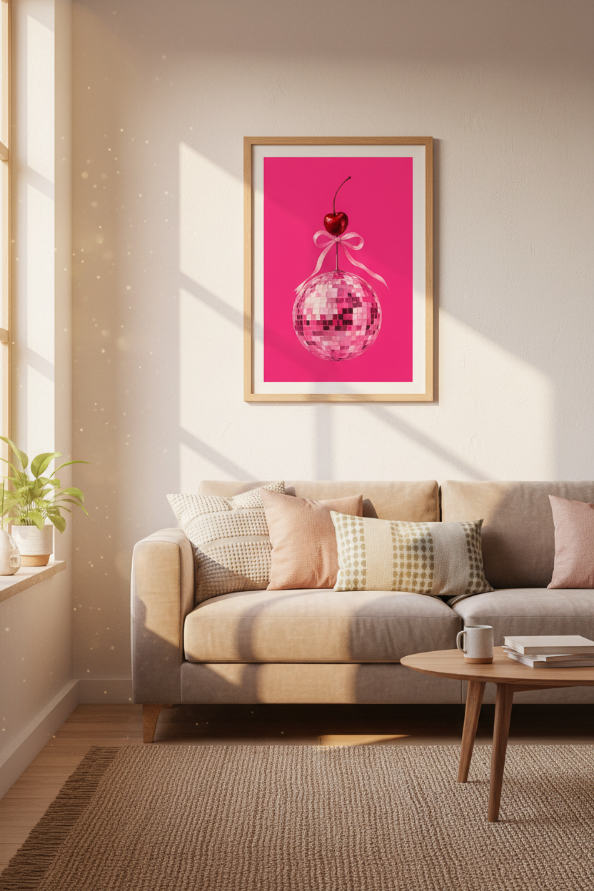 Pink Disco Ball Print | Cherry Bow Retro Poster, Girly Dorm Decor Aesthetic