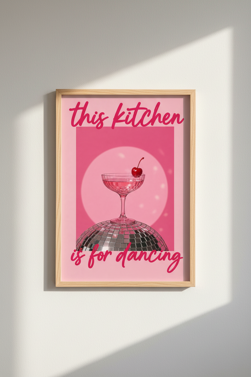 Disco Kitchen Wall Art Print | Pink Retro Cocktail Decor | Preppy Disco Ball Poster