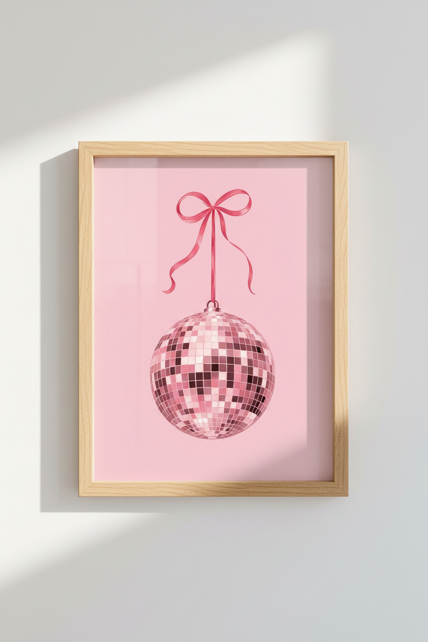 Pink Disco Ball Art Print | Coquette Pink Bow, Preppy Dorm Room Poster