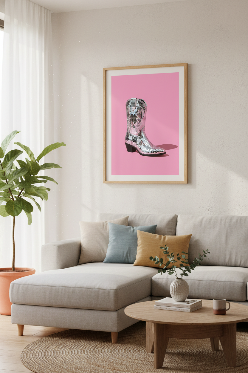 Disco Cowboy Boot Wall Art | Pink Western Decor | Preppy Retro Poster