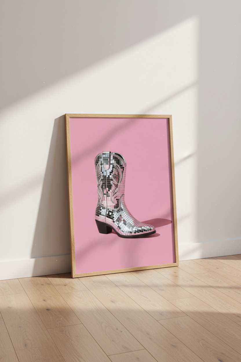 Disco Cowboy Boot Wall Art | Pink Western Decor | Preppy Retro Poster