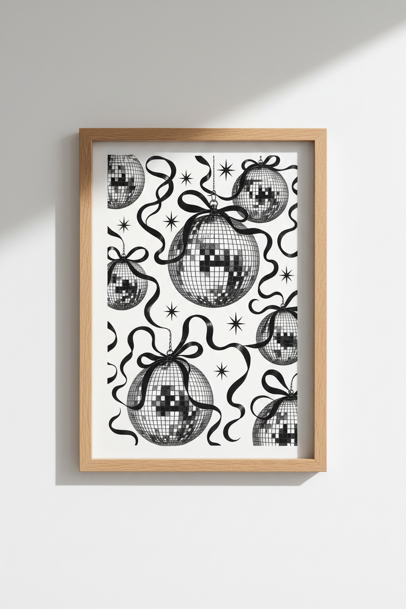 Disco Ball Wall Art Print | Retro Disco Poster, Black White Minimalist Home Decor