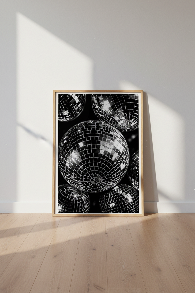 Disco Ball Wall Art | Retro Black and White Poster, Party Aesthetic Dorm Decor
