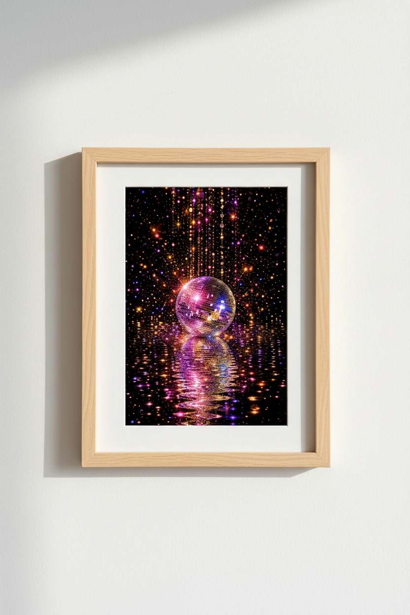 Retro Disco Ball Art Print | Pink & Gold Aesthetic | Vibrant Party Decor