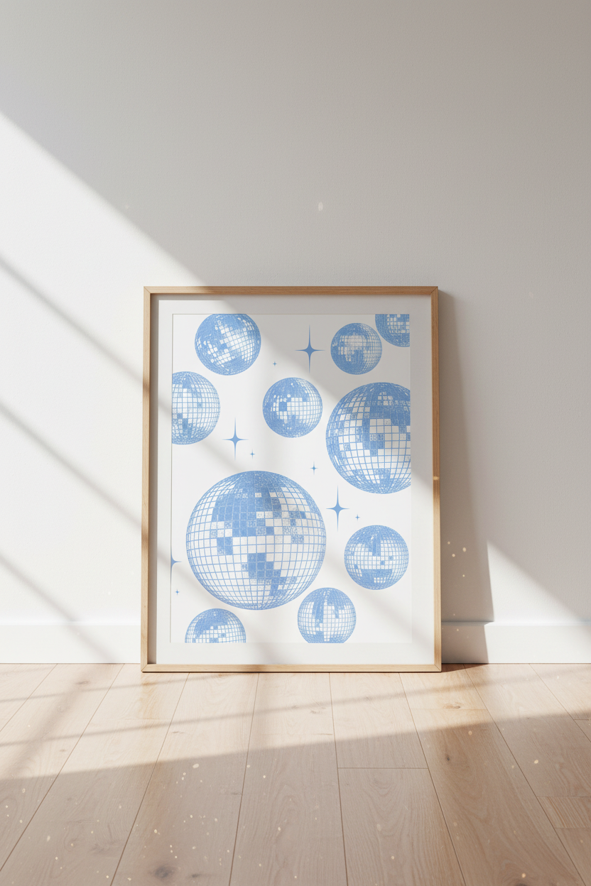 Blue Disco Ball Print | Retro Aesthetic Decor, Pastel Party Poster