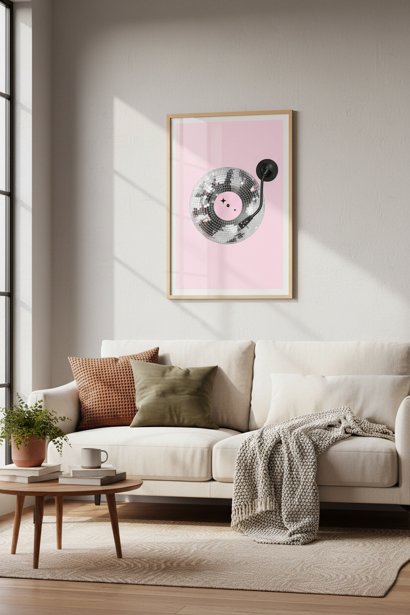 Pink Disco Ball Art Print | Retro Vinyl Record Poster | Trendy Preppy Room Decor