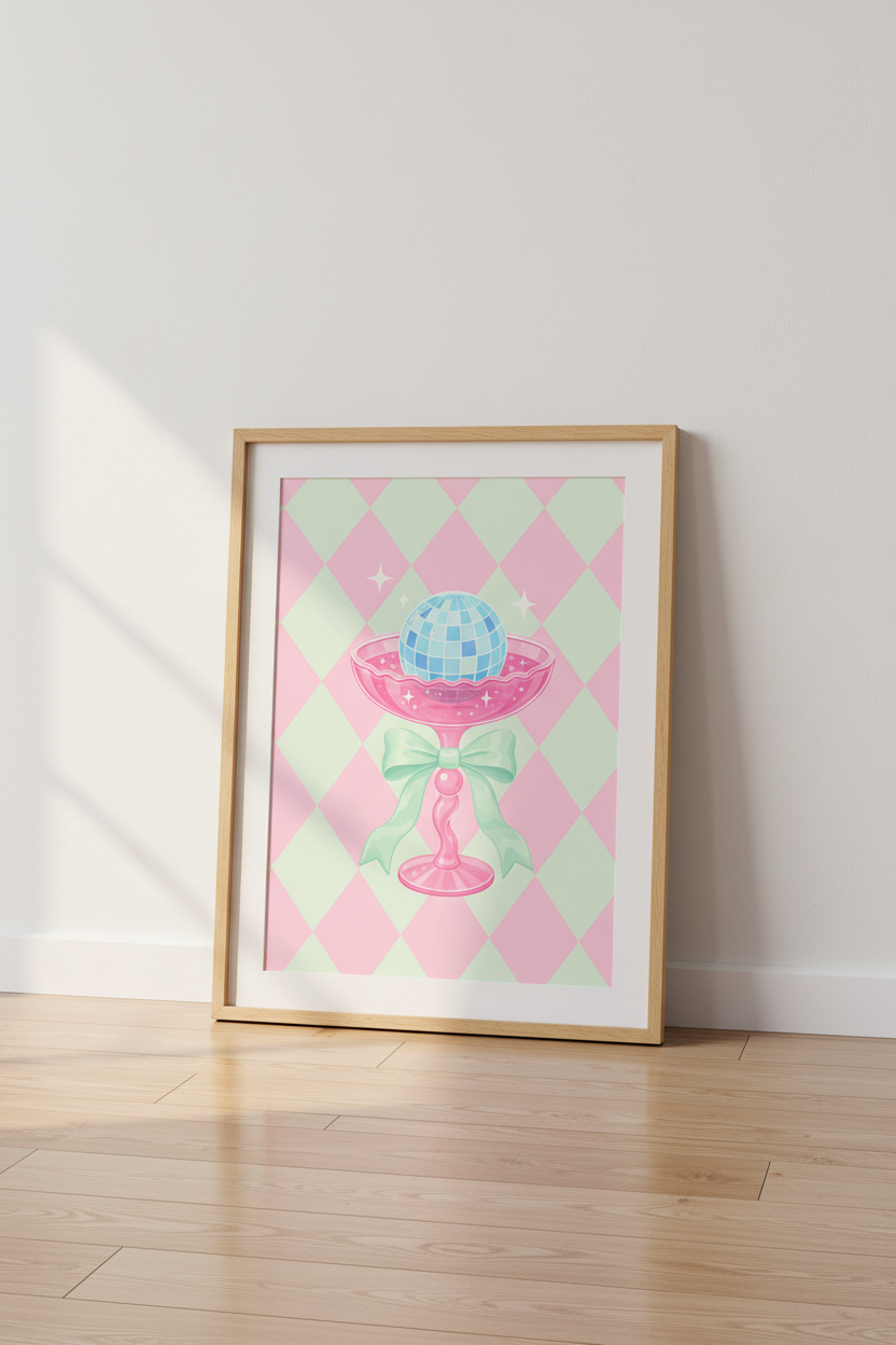 Coquette Disco Ball Print | Pastel Pink & Mint Retro Decor | Girly Aesthetic Poster