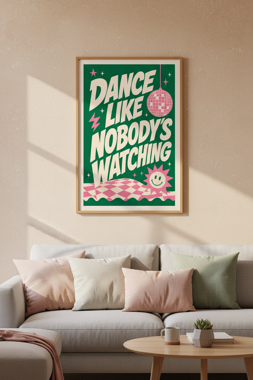 Retro Disco Ball Wall Art | Green & Pink Quote Poster | Funky Preppy Dorm Decor