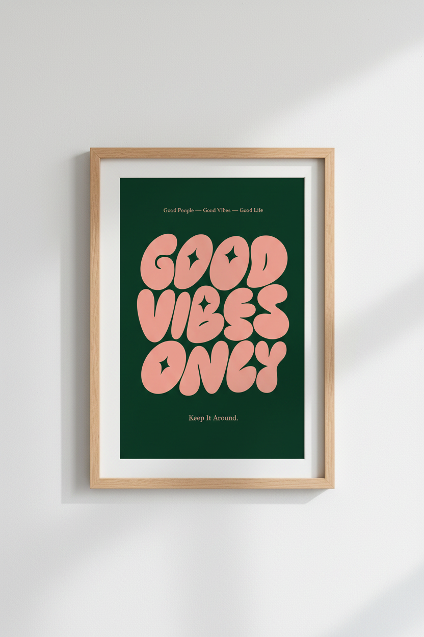 Good Vibes Only Wall Art Print | Retro Pink & Green Poster | Dorm Decor Aesthetic