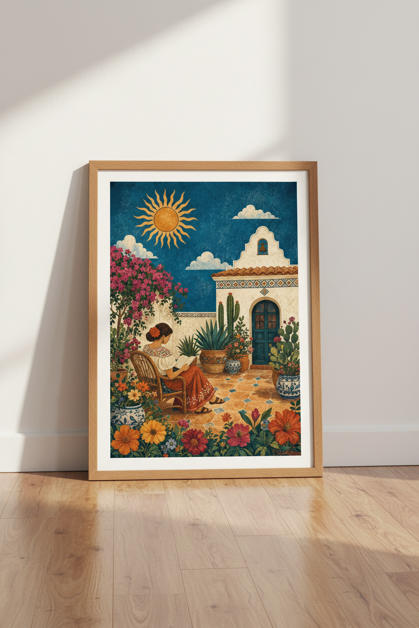 Mexican Courtyard Woman Reading Art | Folk Style Terracotta, Boho Living Room Decor
