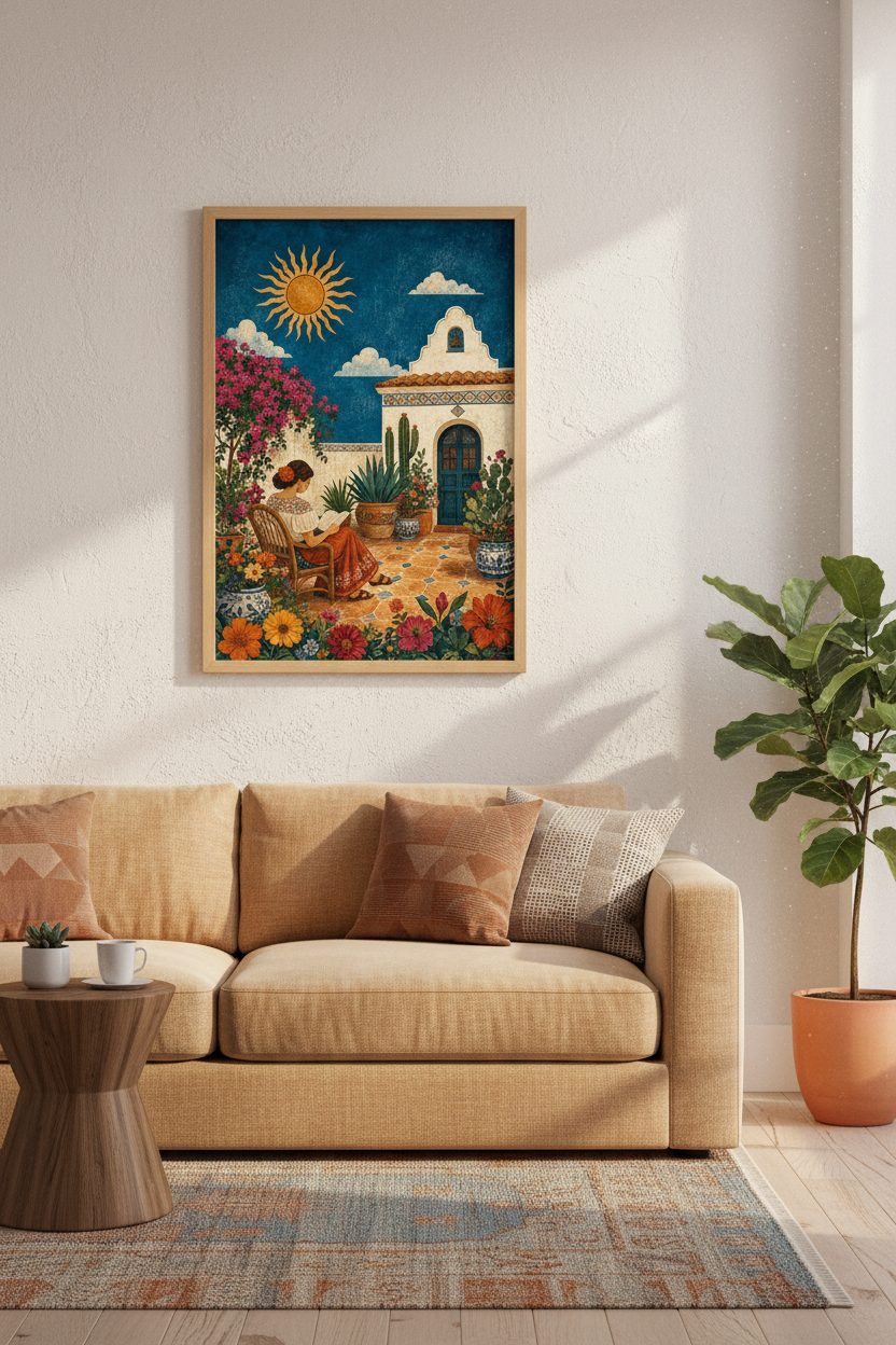 Mexican Courtyard Woman Reading Art | Folk Style Terracotta, Boho Living Room Decor
