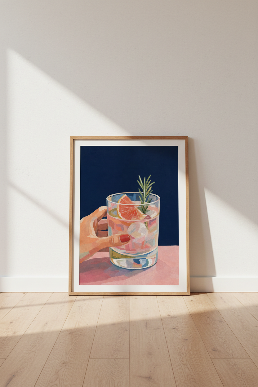Cocktail Kitchen Poster | Gin & Tonic Pink Drink Print, Navy Blue Bar Cart Decor