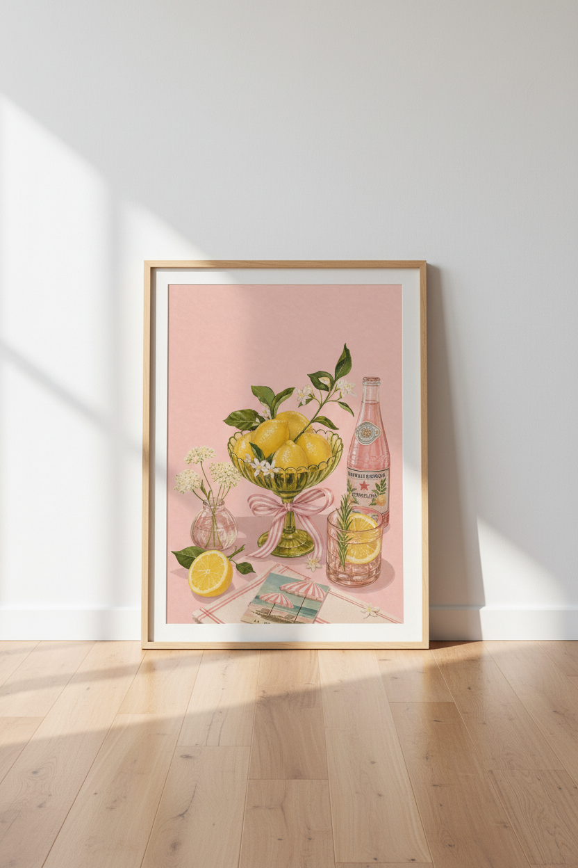 Citrus Kitchen Wall Art | Italian Summer Lemon Poster, Pink Dining Decor