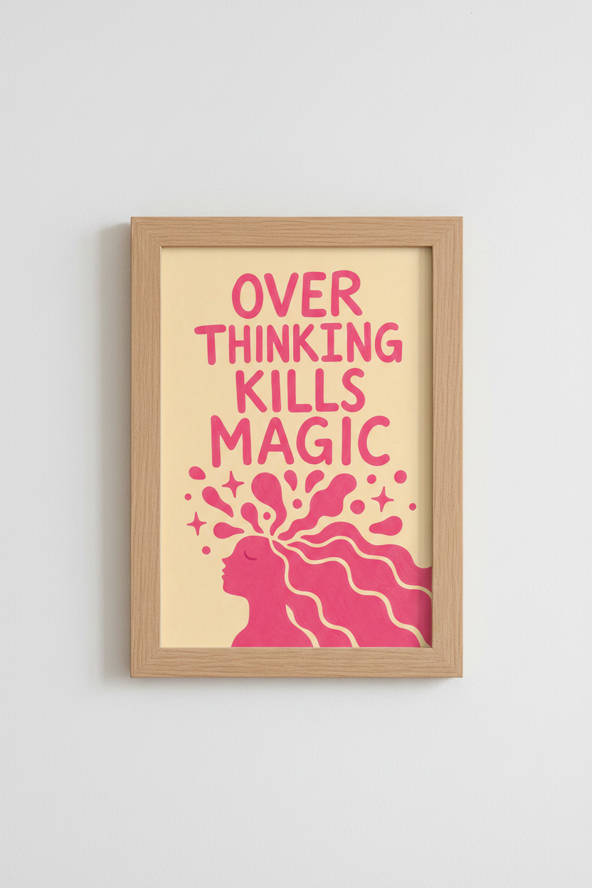 Preppy Pink Quote Print | Overthinking Kills Magic Poster | Mental Health Bedroom Decor