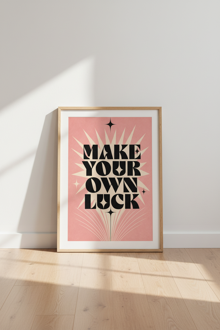 Retro Typography Print | Pink & Black Luck Quote Poster | Home Office Wall Art