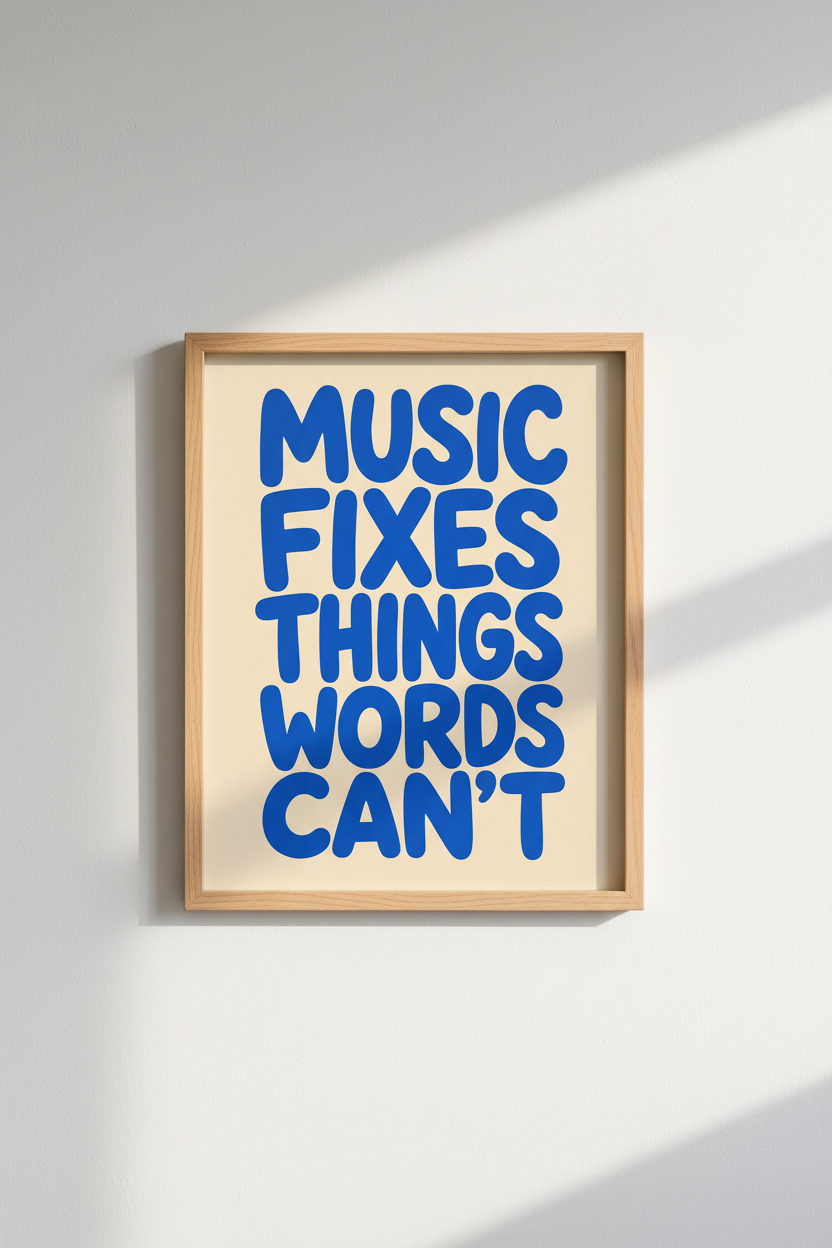 Music Fixes Things Wall Art Print | Blue Modern Typography, Music Room Decor