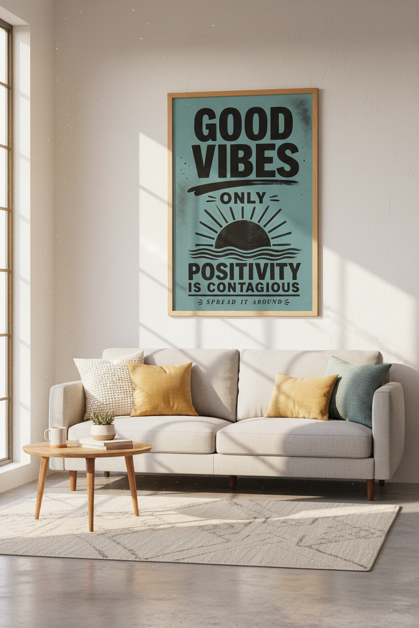 Good Vibes Positivity Print | Retro Teal Motivational Wall Art, Office Decor