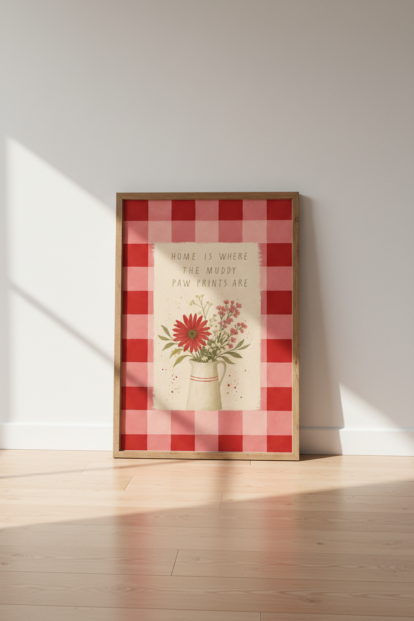 Muddy Paw Prints Art | Red Gingham Floral, Farmhouse Pet Wall Decor