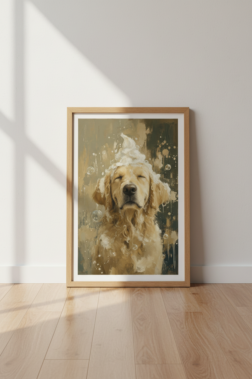 Golden Retriever Bath Time Art | Funny Dog Bathroom Decor | Neutral Oil Style Poster