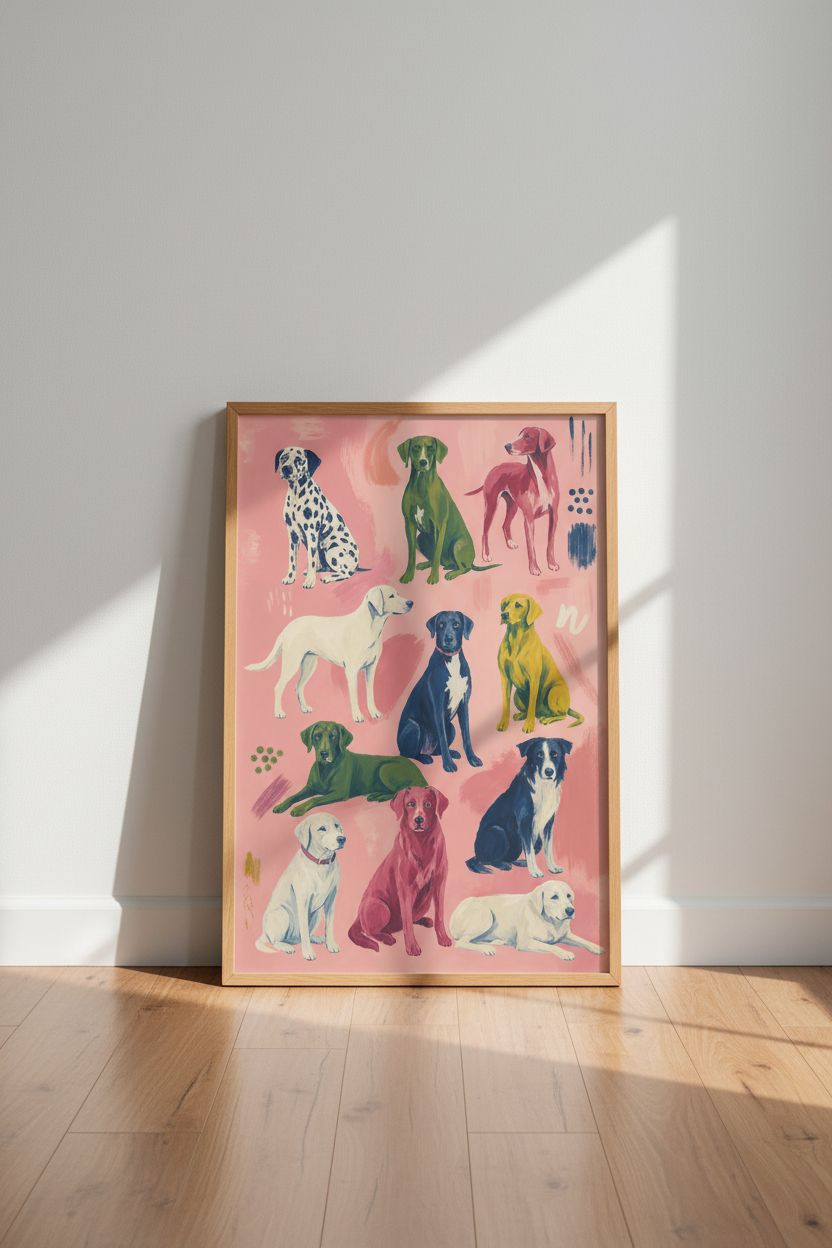 Colorful Dog Breed Wall Art | Pink Eclectic Pet Poster | Modern Dopamine Decor