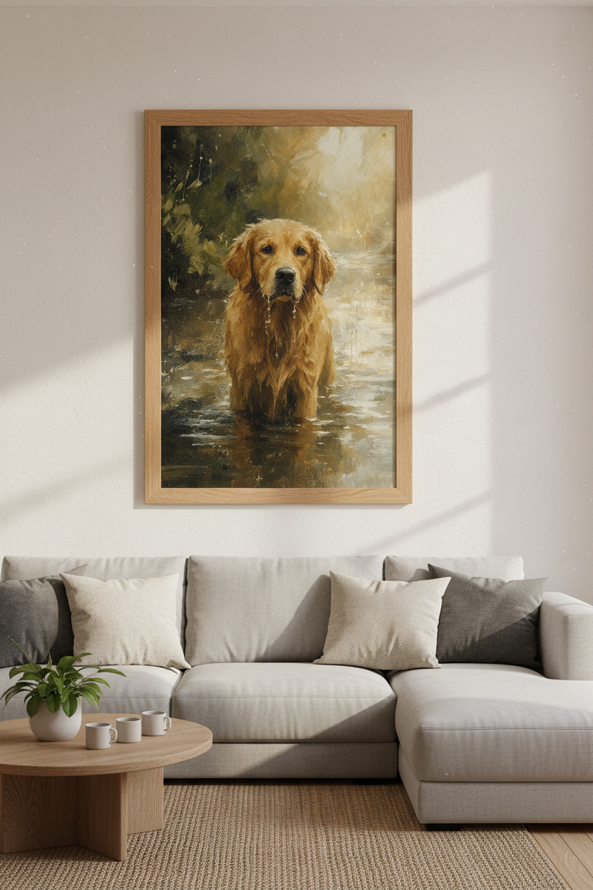 Golden Retriever Oil Painting | Rustic Gold Dog Print, Farmhouse Decor