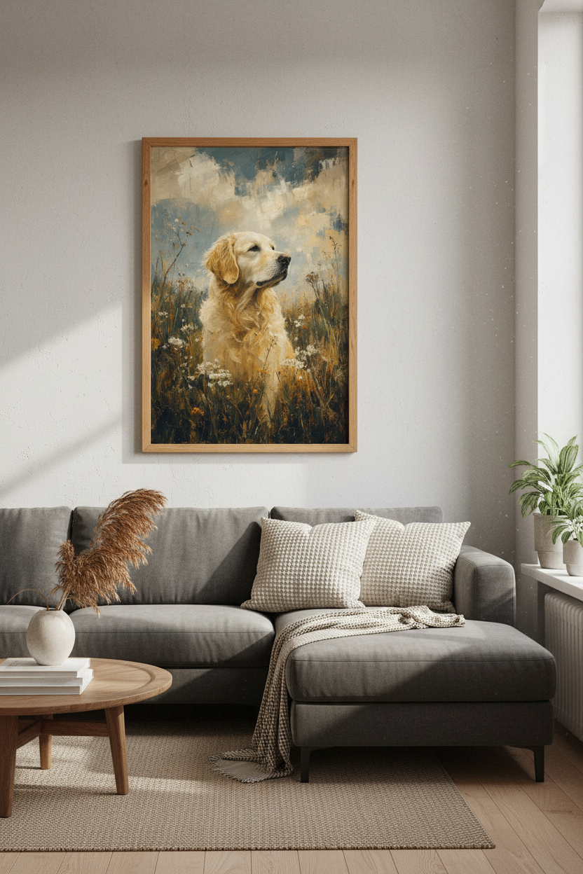 Golden Retriever Portrait | Oil Painting Style, Farmhouse Dog Wall Art Poster