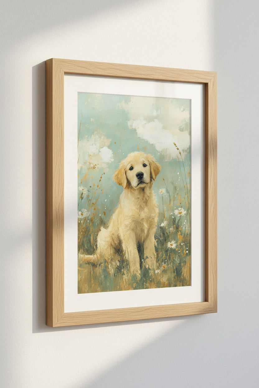 Golden Retriever Puppy Oil Painting | Blue & Gold Meadow Art, Nursery Decor