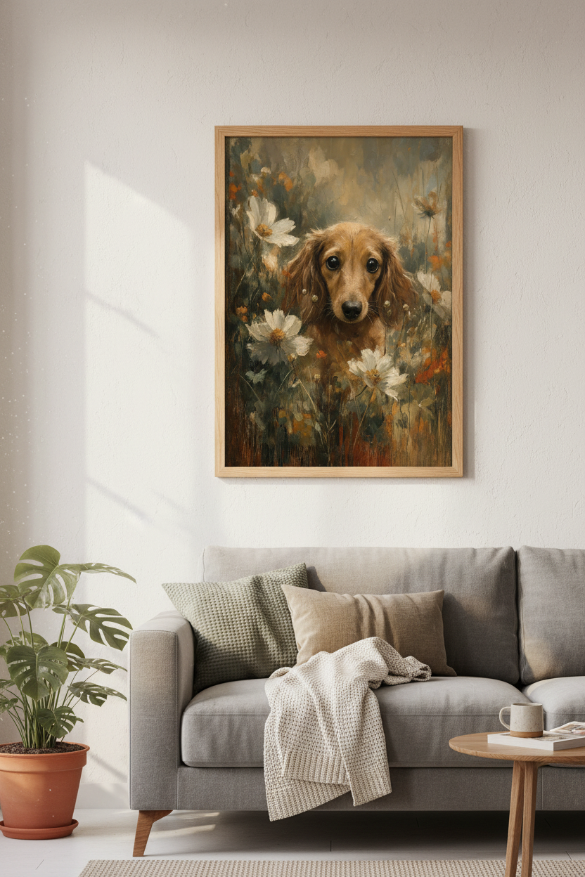 Dachshund Oil Painting | Long Haired Dog in Wildflowers, Rustic Nursery Decor
