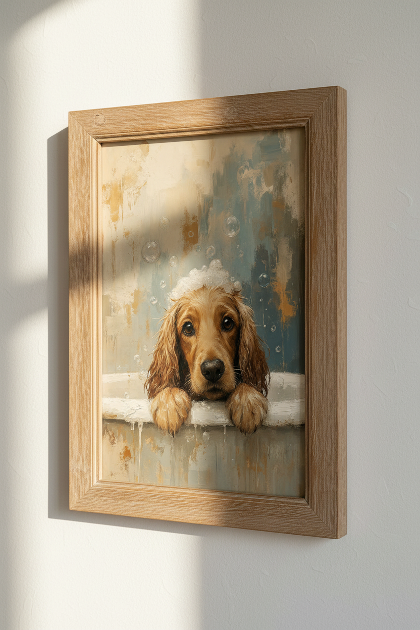Golden Retriever in Bathtub Art | Bathroom Wall Decor | Puppy Oil Painting Poster