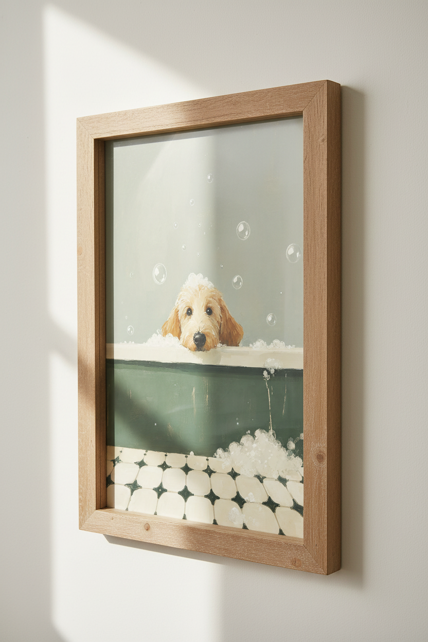 Goldendoodle Puppy in Bathtub Art | Sage Green Bathroom Decor | Whimsical Dog Poster