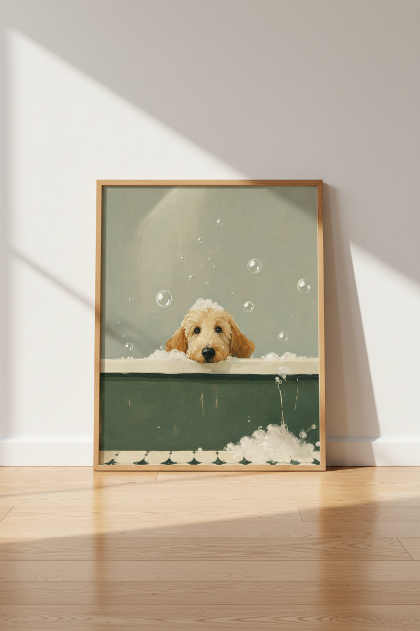 Goldendoodle Puppy in Bathtub Art | Sage Green Bathroom Decor | Whimsical Dog Poster