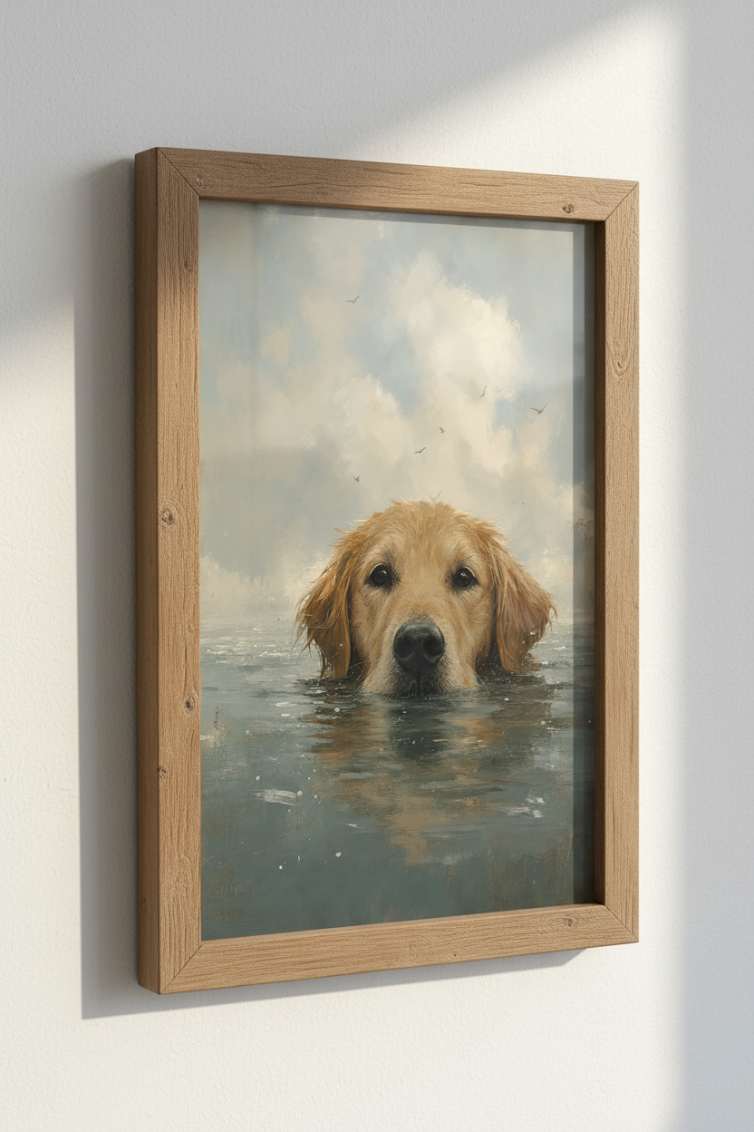 Golden Retriever Swimming Wall Art | Coastal Oil Painting Print | Dog Lover Decor