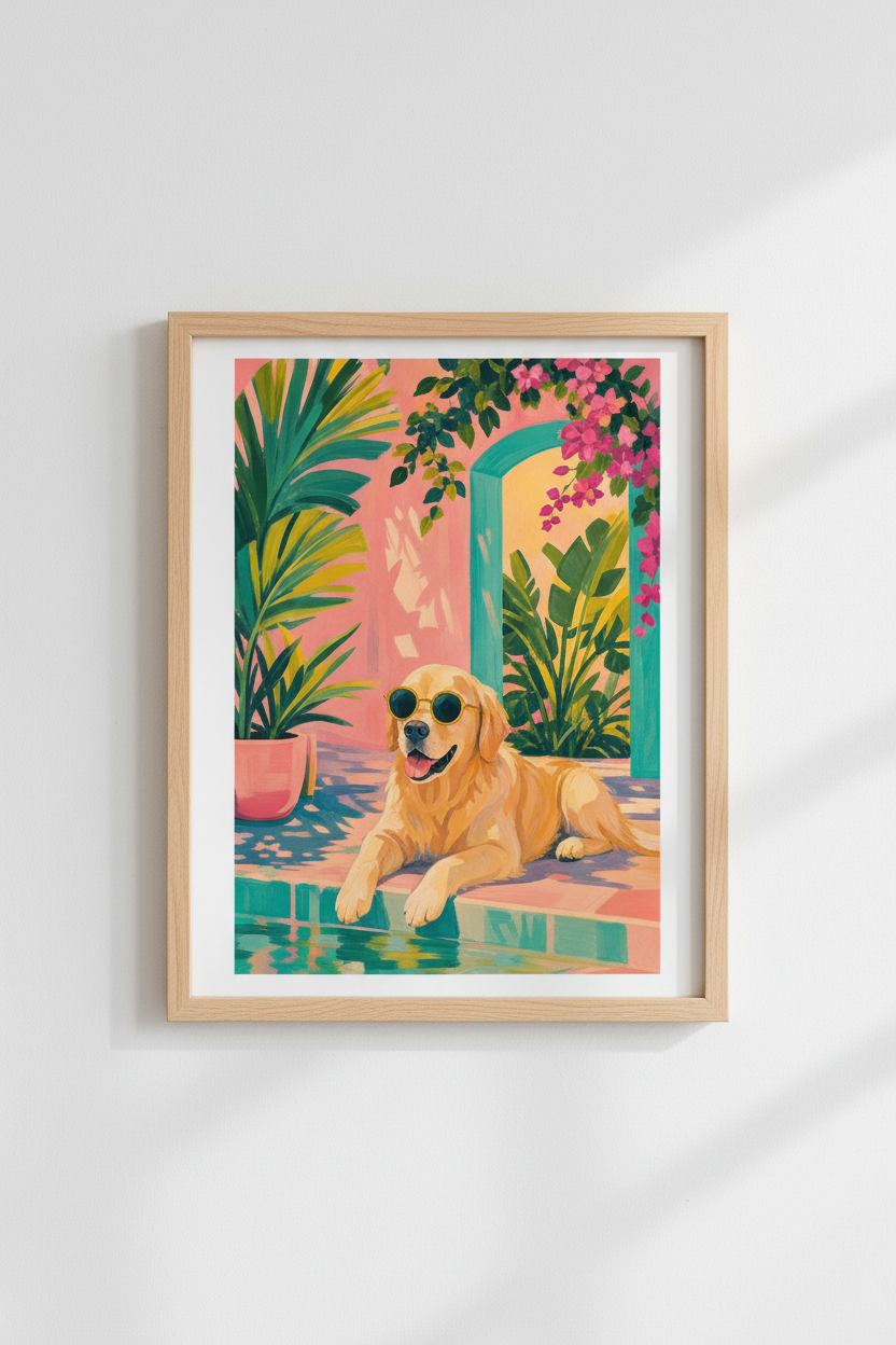 Golden Retriever Wall Art Print | Tropical Dog Poster | Colorful Coastal Decor